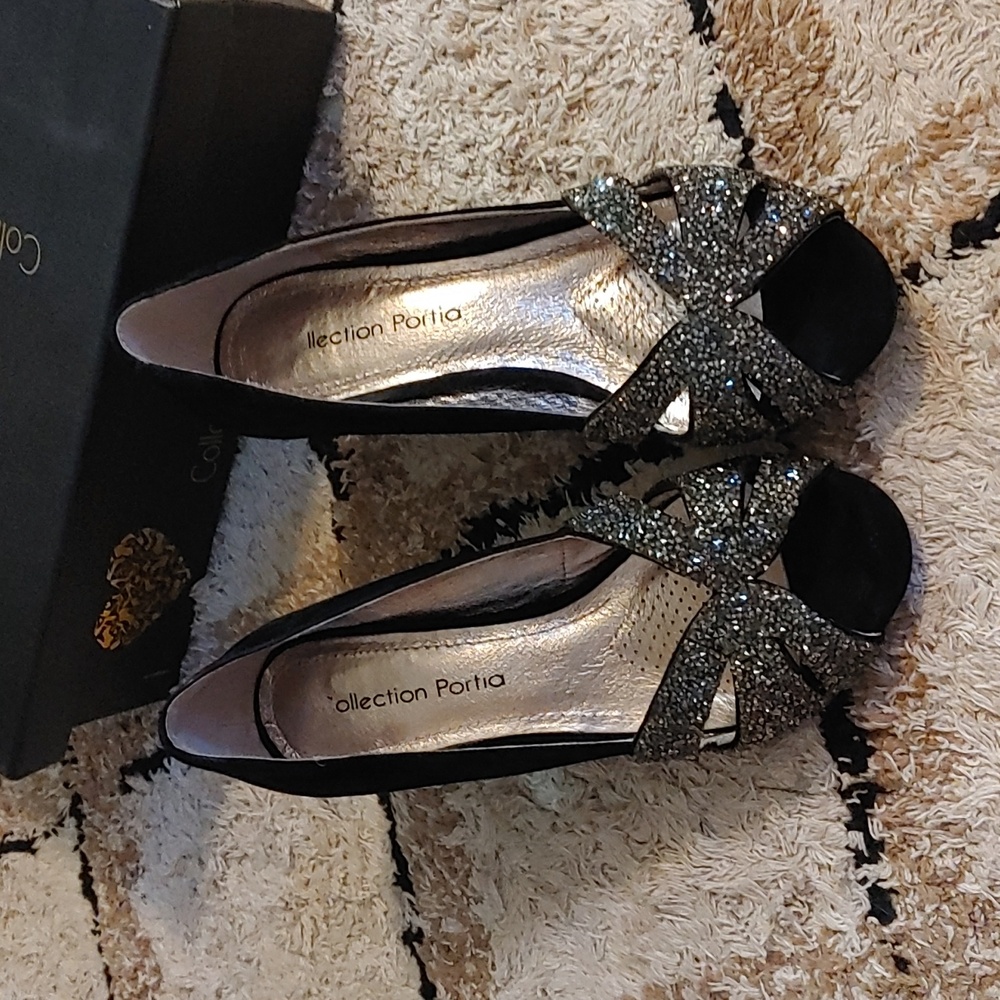 I ❤️ Collection Portia 2"  Black Leather Rhinestone Heels